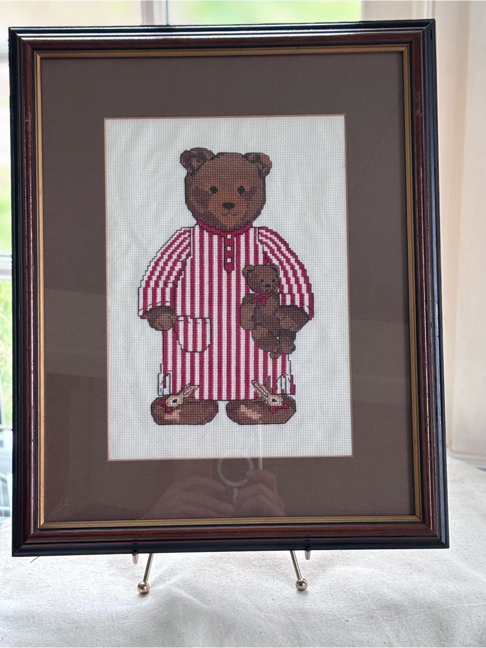 Framed Cross-Stitch Teddy in Red Striped Pajamas